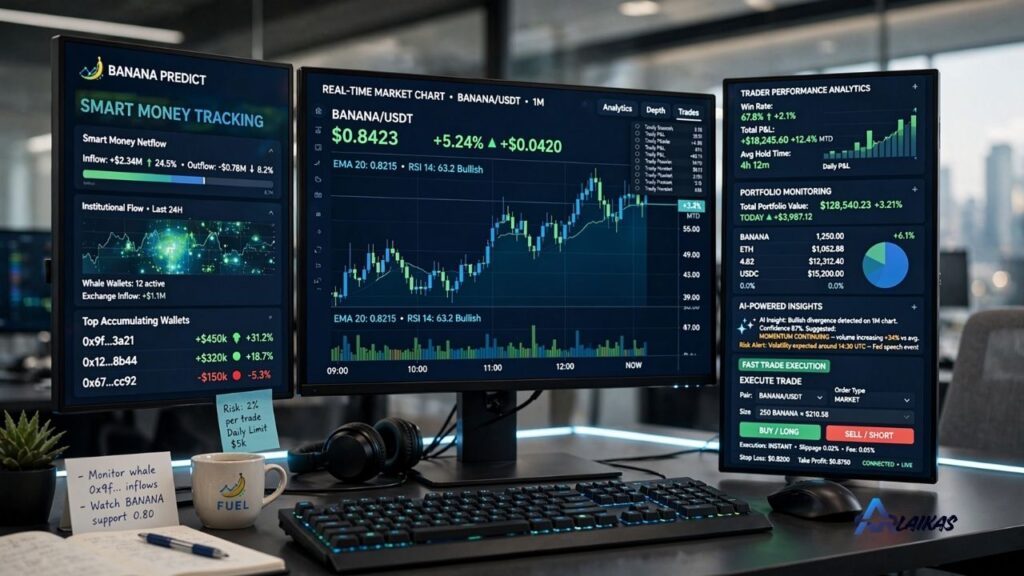 Banana Predict platform showing smart money tracking, copy trading insights, and real-time market analytics