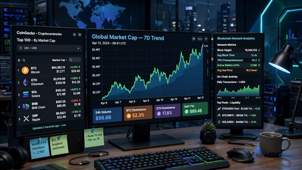 CoinGecko cryptocurrency market data dashboard showing prices, market capitalization, and blockchain analytics