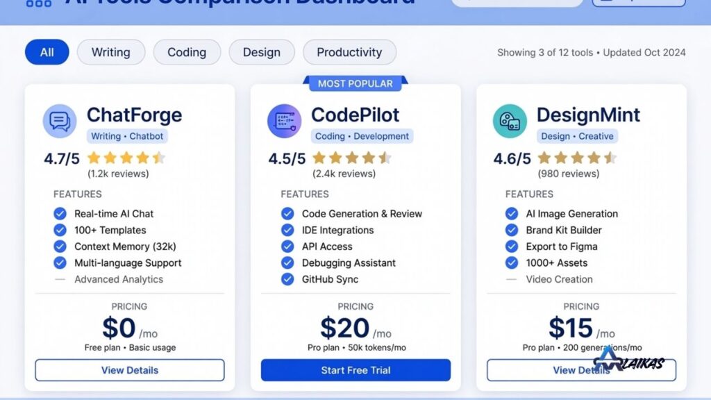Comparateur-IA.com platform comparing AI tools across different categories
