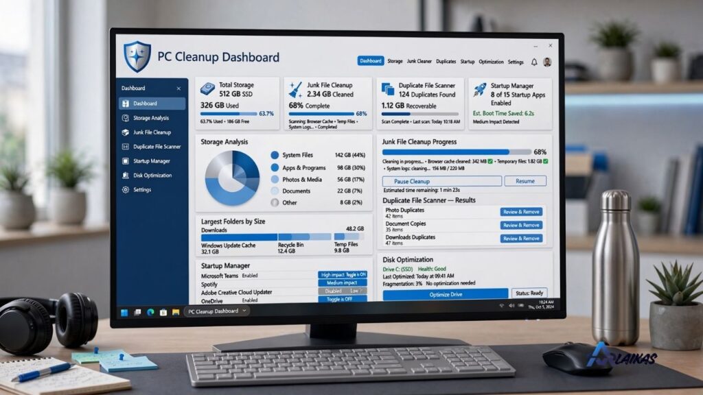 WMaster Cleanup PC Cleaner dashboard showing storage cleanup, junk file removal, and PC optimization tools
